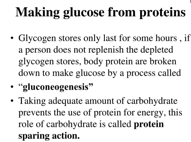 body proteins are broken down to make glucose by a process called "glyconeogenesis". Taking adequate amount of carbs prevents use of protein for energy , this role of carbs is protein sparing action.